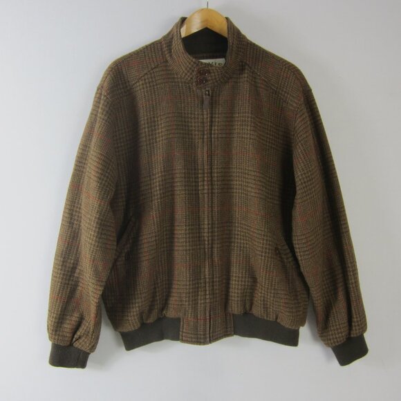 Orvis Mens Large Brown Houndstooth Plaid Wool Bomber Full Zip Jacket Pockets - Picture 1 of 16